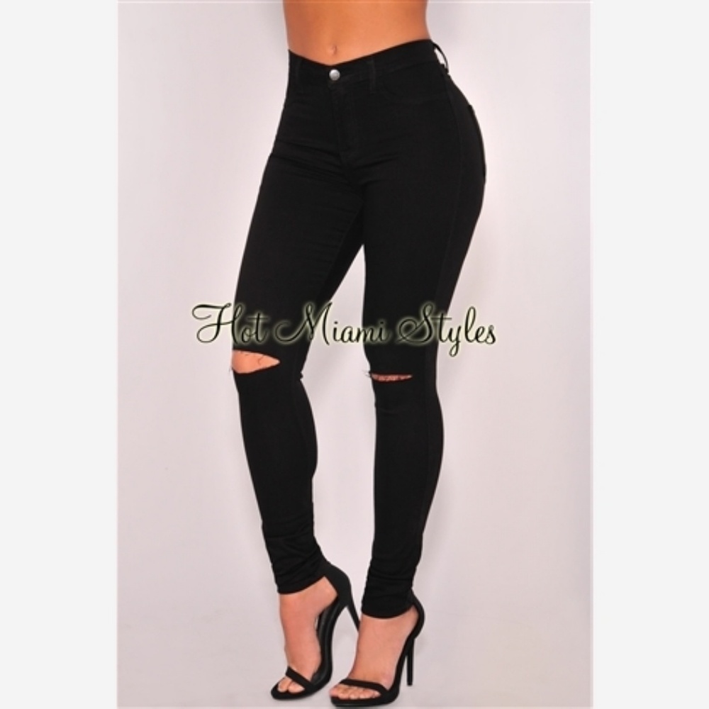 Back Ripped Knee High Waist Skinny Jeans - Size 5